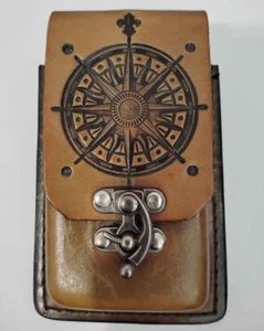 Leather Card Holder Wallet Brown Nautical Stamped Cover Fits on Waist Belt New - Picture 1 of 19