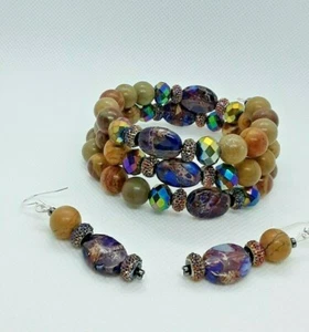 Handmade Beaded Healing Bracelet and Earring Set Jasper Faceted Purple Rondelle - Picture 1 of 4