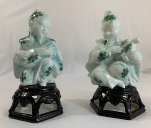 Ceramic Asian Sitting Man Mandolin Harp Porcelain Statues Hand Painted Italy Vtg - Picture 1 of 11