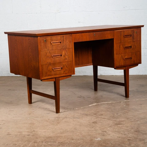 Mid Century Danish Modern Desk Executive Teak 7 Drawer Bookshelf Floating Lock Cover