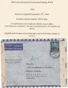 1943/44 2 x ZURICH SWITZERLAND DIFF CENSOR TAPES TO OTLEY & LEICESTER UK WW2 AIR - Picture 1 of 3