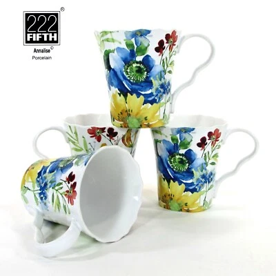 222 Fifth ANNALISE 10oz Mug Set 4Pc Spring Floral Butterfly Scalloped Rim Mint - Image 1 of 4
