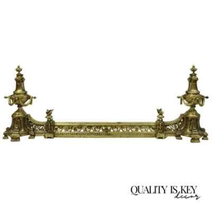 Antique French Louis XVI Brass Bronze Flame Finial Andirons w/ Adjustable Fender - Picture 1 of 9