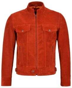 Men's Real Suede Leather Red Jacket Fashion Biker Retro Zip up Motorcycle Jacket - Picture 1 of 7