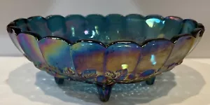 Carnival Glass Oval Fruit Bowl 12” Long x 9” Wide 4 Footed Blue Purple Gold - Picture 1 of 11