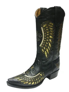 Womens Rodeo Boots Snip Toe Black Gold Fleur-De-Lis Wings Botas Mujer Size 10.5 - Picture 1 of 5