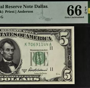 1950B 1 $ Federal Reserve Schein PMG 66EPQ Gem Stempelglanz Dallas Fr 1963-K - Bild 1 von 3