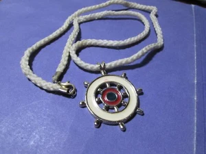 VINTAGE 28" white cord necklace with 1 3/4" nautical  "Ships Wheel"  - Picture 1 of 5