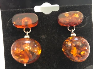 Vintage Baltic? Amber Dangle Drop Earrings With Markings And Silver Accents - Picture 1 of 7