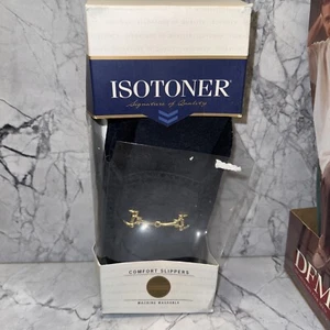 Vintage Isotoner Men’s Slippers 8 1/2-9 1/2 Navy Blue NEW Gold Buckle - Picture 1 of 3