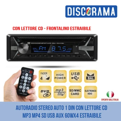 AUTORADIO STEREO AUTO 1 DIN LETTORE CD MP3 MP4 SD USB BLUETOOTH 60WX4 ESTRAIBILE - Immagine 1 di 2