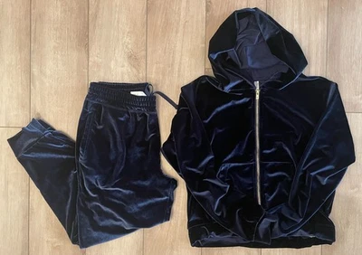 Conjunto de chándal de terciopelo Fabletics con capucha chaqueta y pantalones jogger azul marino-para mujer M Foto 1 de 4