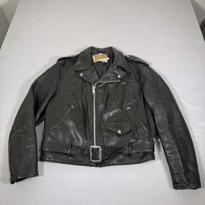 复古 Schott Perfecto 夹克男式 46 黑色皮革摩托车骑手腰带 60 年代 — 第 1/4 张图片