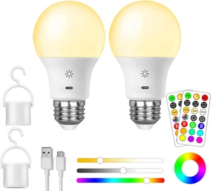 LED Rechargeable Light Bulbs with Remote ＆ Touch Dimmable, E26 Battery Operated - Picture 1 of 12