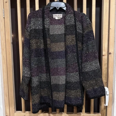 复古 Yves Venet 开衫均码黑色粉红色橙色条纹开襟 — 第 1/4 张图片