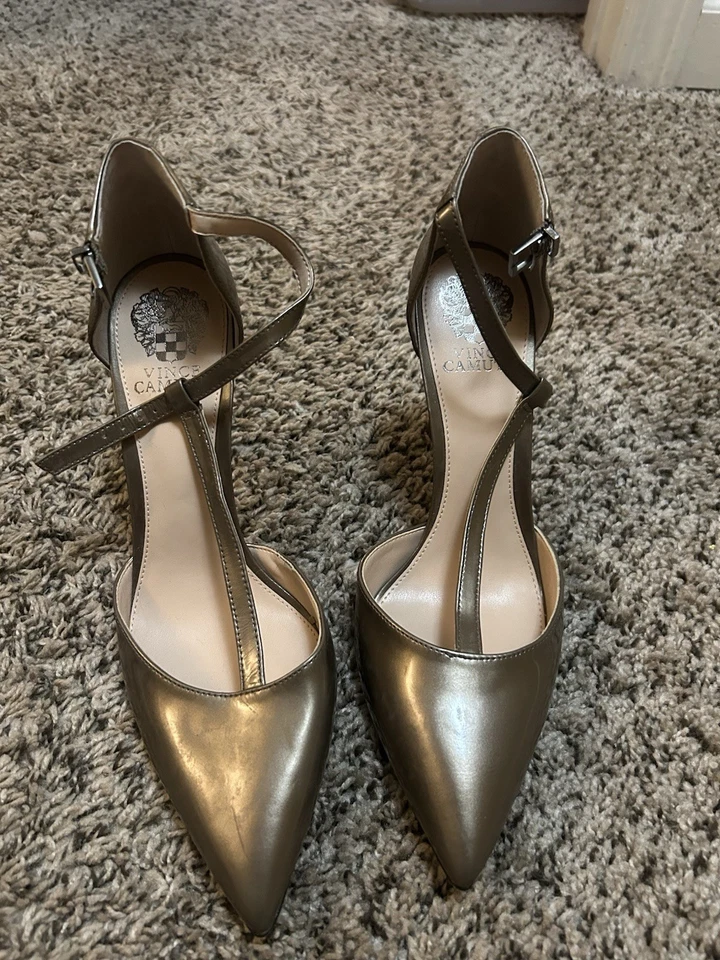 Vince Camuto Metallic Gold Pointed-Toe Heels – Ankle Strap Pumps – Women’s 10 - Image 1 of 2
