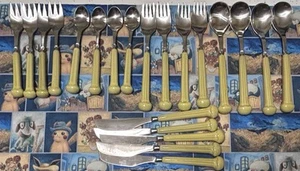 MCM Denby Sheffield England 18-8 Stainless Flatware SvC For 4 Enamel Chartreuse - Picture 1 of 10