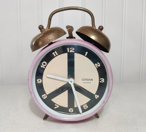 Vintage 1960s Lendan Alarm Clock Twin Bell Made West Germany Pop Art Peace Sign Cover