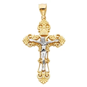 14K Genuine 2 Tone Gold Jesus Crucifix Cross Religious Pendant 5 grams - Picture 1 of 2