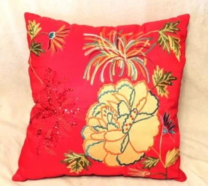 EXQUISITE EMBROIDERED & BEADED 16" PILLOW COVER FROM INDIA (Includes Pillow)-EUC - Picture 1 of 1