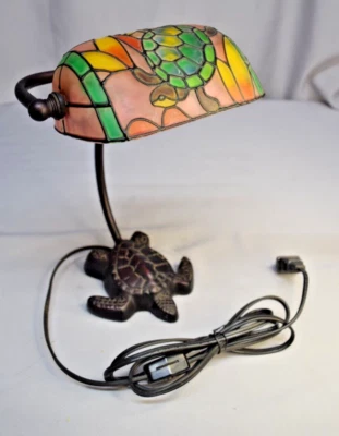 Tiffany Style Table/Desk/Banker/Piano Lamp Bronze Base & Stained Glass w/Turtle - Image 1 of 4
