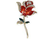 Fashion Jewelry Gold Tone Red Green Romantic Rose Flower Stem Leaf Brooch Pin