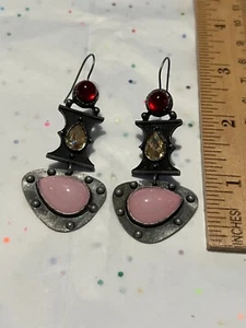 NEW Modern Industrial Steampunk Pink, Red, Amber Gemstone Earrings 2x1 - Picture 1 of 6