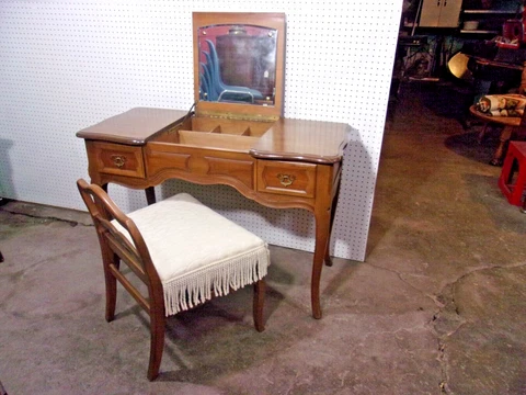 Vintage 1959 Drexel Basque Provincial Solid Wood Vanity + Chair Mid Century Set Cover