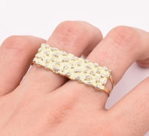 Men's Rectangular Nugget Diamond Cut Two Finger Ring Real 10K Yellow White Gold - Picture 1 of 7