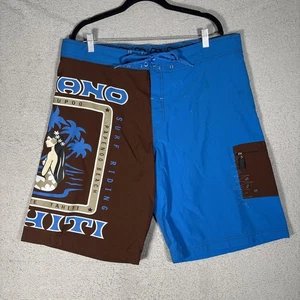Hinano Tahiti Board Shorts Men Size 36 Hula Girl Cargo Pocket Papenoo Beach Surf - Picture 1 of 14