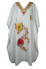 Boho White Floral Maxi Caftan Dress Embroidery V Neck Resort Wear Summer Kaftan 