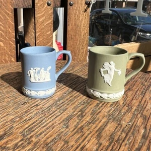 VTG Wedgwood Jasperware Blue Green Mini Tankard Mug Pair England Rare Porcelain - Picture 1 of 13