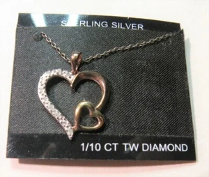 925 Sterling Silver Heart within a Heart with Diamonds Necklace - Picture 1 of 4