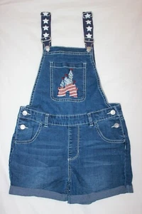 Disney Denim Overall Shorts Embroidered Americana Castle Stretch Cuffed GIRLS XL - Picture 1 of 6