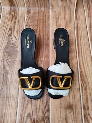 VALENTINO Black Leather V Logo Signature Open Toe Slide Sandals EU 37.5 US 7 - Image 1 of 4