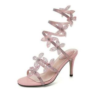 Womens Fashion Floral Rhinestone Ankle Wrap High Heel Gladiator Sandal Shoes MON
