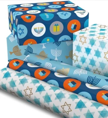 Hallmark Premium Bulk Gift Wrap Paper Hanukkah With Cut Lines 3 Rolls - Image 1 of 4