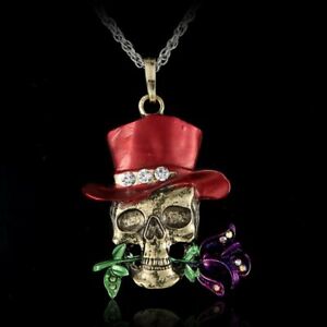 Halloween Skeleton Skull Rhinestone Pendant Necklace Sweater Chain Women Jewelry