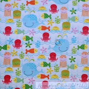 BonEful Fabric FQ Cotton Flannel Quilt White Blue Sea Water Fish Ocean Boy Girl - Picture 1 of 15
