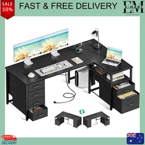 L Shaped Computer Desk with 5 Fabric Drawers &1 Large File Drawer Recessed Powe - Picture 1 of 17
