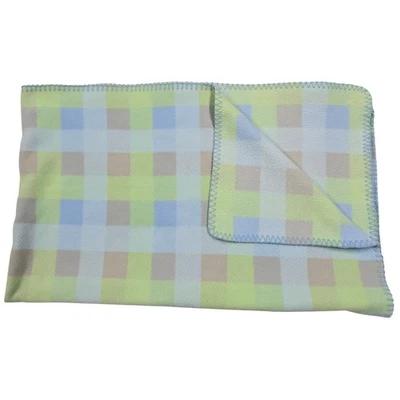 Gymboree VTG 1998 Plaid Fleece Microfleece Baby Blanket Train Green Tan Blue - Image 1 of 4