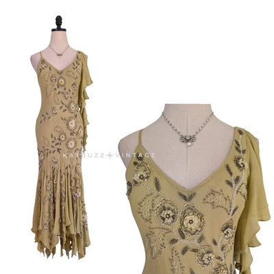 Vintage Sue Wong Silk Maxi Dress Gown 10 Green Y2K Fairy Floral Bead Grunge - Image 1 of 4