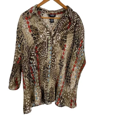 Liz & Me Platinum Women's Pleated Sequins Semi Sheer Boho Top Multicolor Size 2X - Image 1 of 4