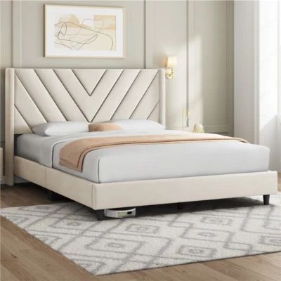 Cama plataforma tapizada beige tamaño queen con cabecero acolchado Foto 1 de 4