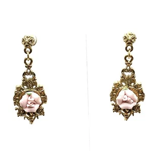 Vintage Gold Filigran Porzellan Rosa Rosette Romantische Tropfen Hängen Ohrringe - Bild 1 von 6