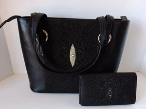 Black Polished Stingray Leather Purse & Trifold Clutch Wallet SET 2pcs - Picture 1 of 22