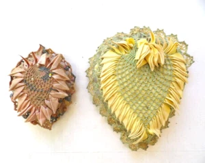 2 Vintage Heart Shaped Crocheted Crochet Pin Cushions & Ribbon - Picture 1 of 10