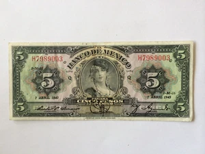 5 PESO MEXICO BANKNOTE 1943 GYPSY SERIE Q MEXICO - Picture 1 of 2