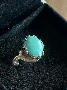 Size 5.25 Cabochon Cut Turquoise Set In Sterling Fred Harvey Era? SIGNED - Picture 1 of 6
