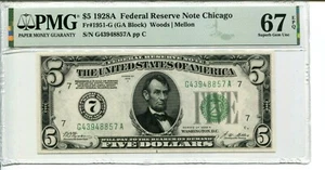 FR 1951-G 1928A $5 FEDERAL RESERVE PMG 67 EPQ SUPERB GEM UNCIRCULATED - POP 2/0 - Picture 1 of 2